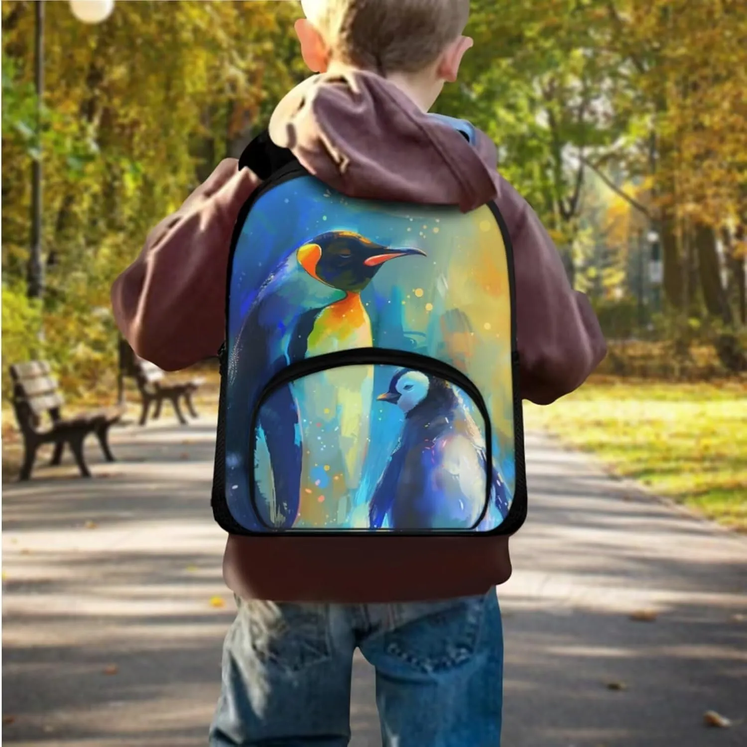 Colorful Penguins Print Backpack Set for Boys 8-12 Kids Backpack Set Large Capacity School Bag Thermal Meal Container Pen Case, Great Gifts for Child