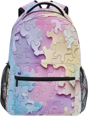 Colorful Puzzle Fragments Backpacks with Name Tag School Bags for Boys Girls,16 in Notebook Book Bag Travel Hiking Camping Daypack-M