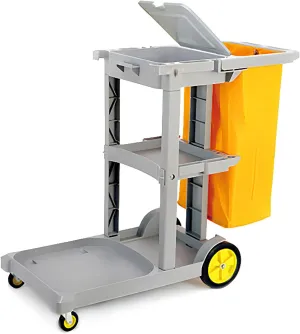 Commercial Traditional Cleaning 3-Shelf Janitorial Cart, Housekeeping Cart, Wheeled with Vinyl Bag and Cover w Lid,Gray