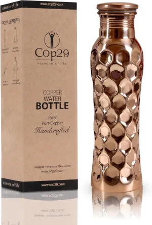 Cop29 Fairy Copper Glossy Honeycomb Water Bottle- 30oz/900ml | A Handcrafted Leak Proof Ayurvedic Pure Copper Vessel | Ideal for Hydration, Sports, Yoga & Daily Use | Enjoy the Health Benefits