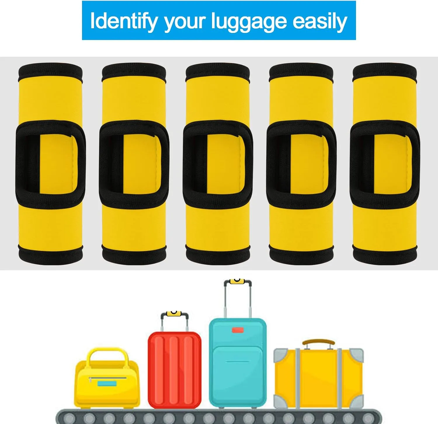 Cosmos 5 Pcs Neoprene Luggage Handle Wrap Soft Grip Handle Cover Luggage Identifier with Hollow Design for Push-Button Handle Trolley Handle and Travel Suitcase Trolley Case (Yellow)