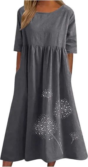 Cotton Dresses for Women 2024 Short Sleeve High Waist Casual Dress with Pockets Summer Loose Pleated Linen Maxi Dress