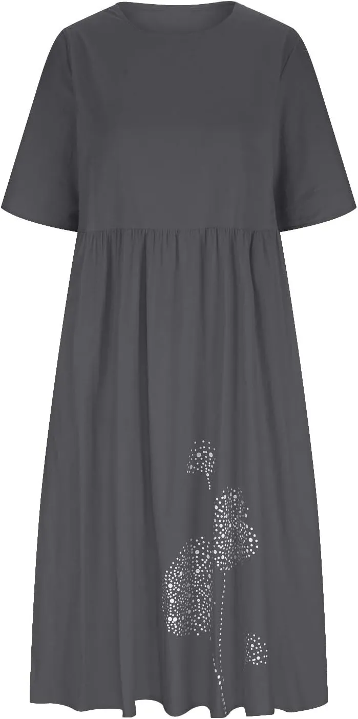 Cotton Dresses for Women 2024 Short Sleeve High Waist Casual Dress with Pockets Summer Loose Pleated Linen Maxi Dress