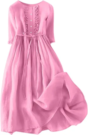 Cotton Linen Dresses for Women 2024 Maxi Button Down Plus Size A Line Dress Trendy 3/4 Sleeve Floral Dress Summer Dresses