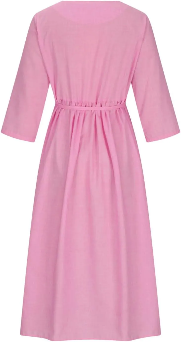 Cotton Linen Dresses for Women 2024 Maxi Button Down Plus Size A Line Dress Trendy 3/4 Sleeve Floral Dress Summer Dresses