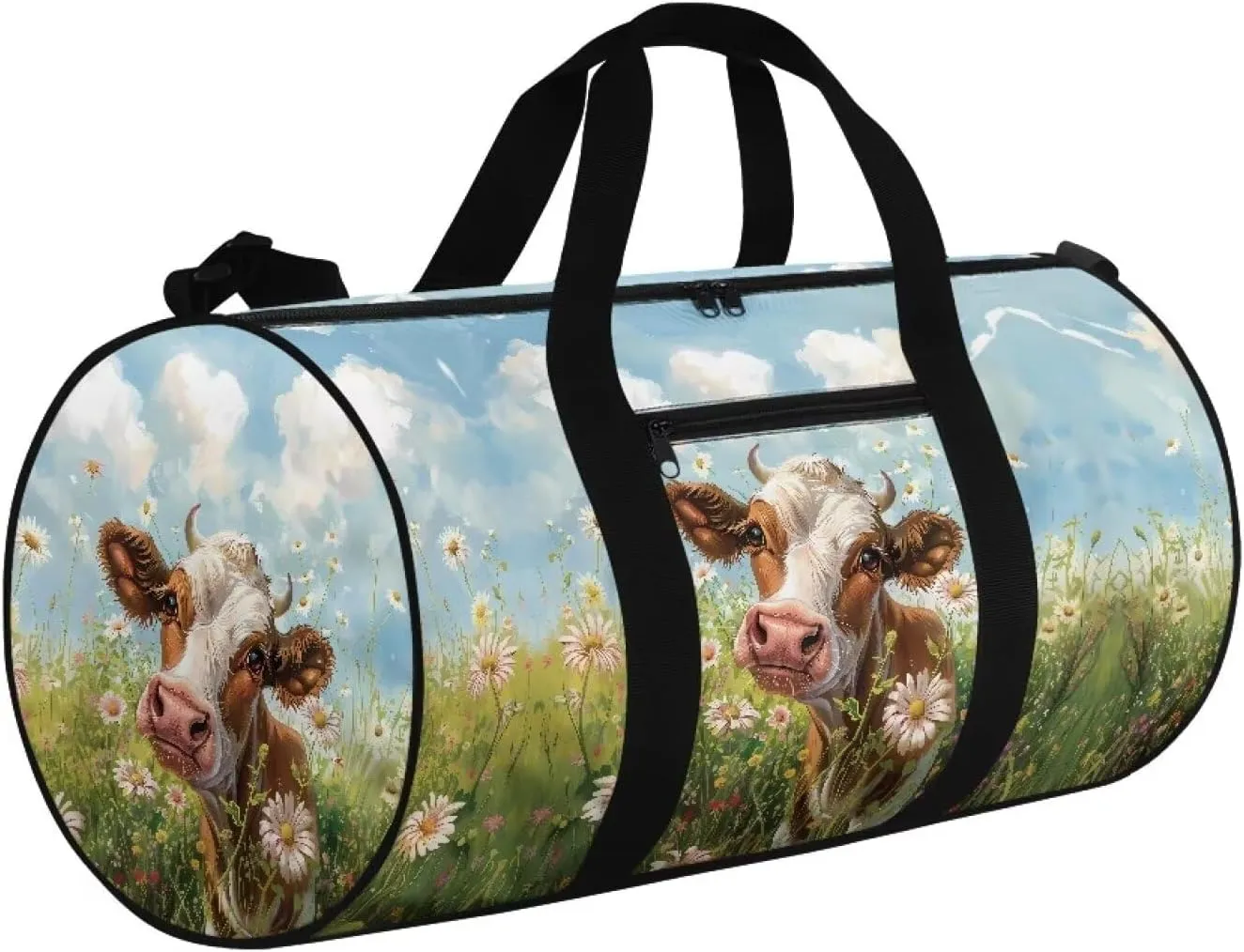 Cow and Daisy Floral Print Duffle Bag for Women and Men, Durable and Wrinkle-Resistant Tote Bag, Travel Bag for Sports, Camping
