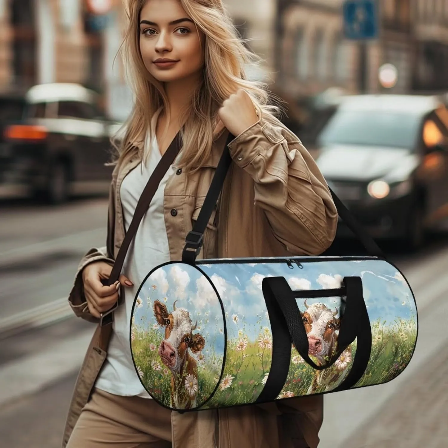 Cow and Daisy Floral Print Duffle Bag for Women and Men, Durable and Wrinkle-Resistant Tote Bag, Travel Bag for Sports, Camping