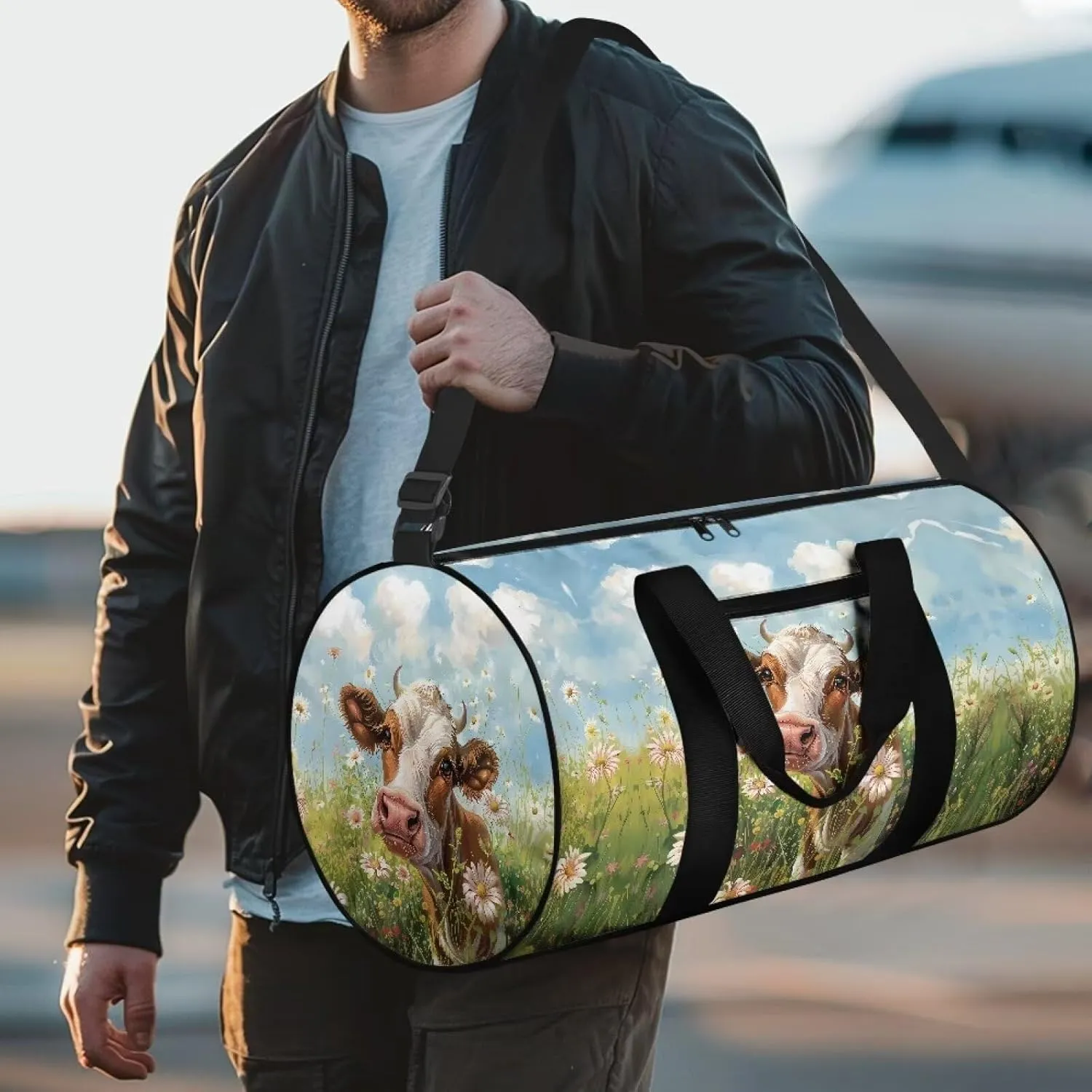 Cow and Daisy Floral Print Duffle Bag for Women and Men, Durable and Wrinkle-Resistant Tote Bag, Travel Bag for Sports, Camping