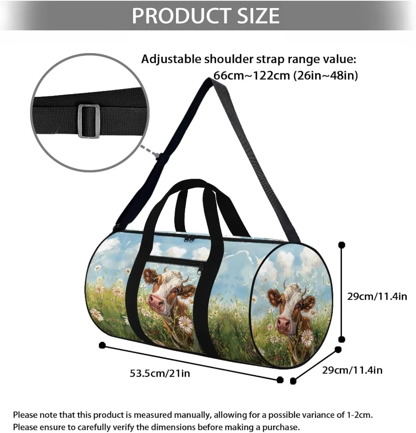 Cow and Daisy Floral Print Duffle Bag for Women and Men, Durable and Wrinkle-Resistant Tote Bag, Travel Bag for Sports, Camping