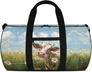 Cow and Daisy Floral Print Duffle Bag for Women and Men, Durable and Wrinkle-Resistant Tote Bag, Travel Bag for Sports, Camping