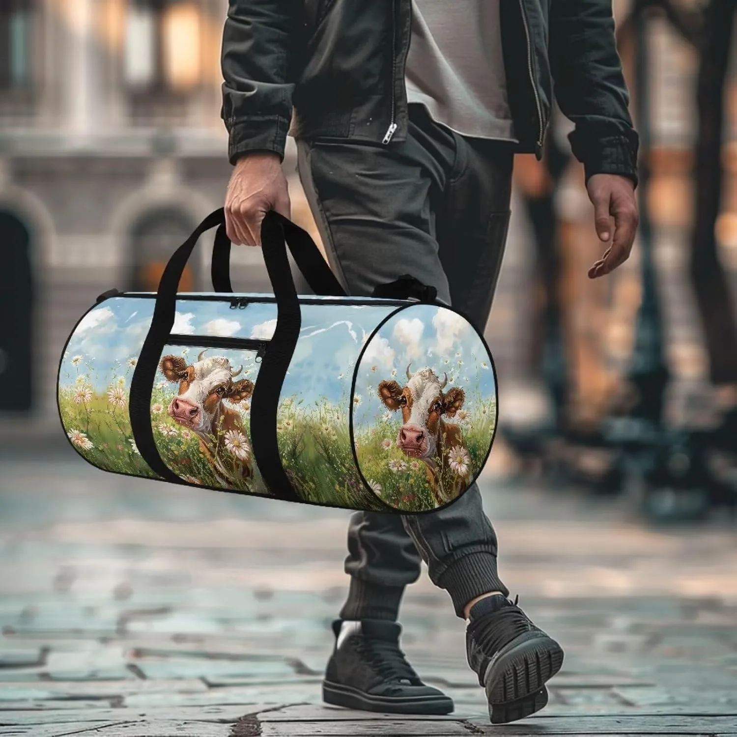 Cow and Daisy Floral Print Duffle Bag for Women and Men, Durable and Wrinkle-Resistant Tote Bag, Travel Bag for Sports, Camping