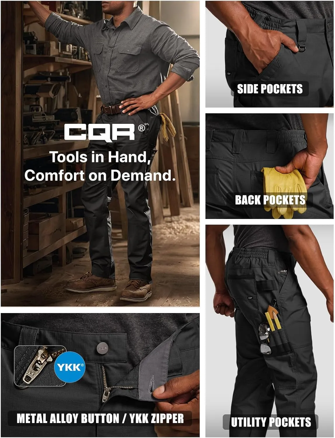 CQR Men's Flex Ripstop Work Pants, Water Resistant Tactical Pants, Outdoor Utility Operator EDC Cargo Pants