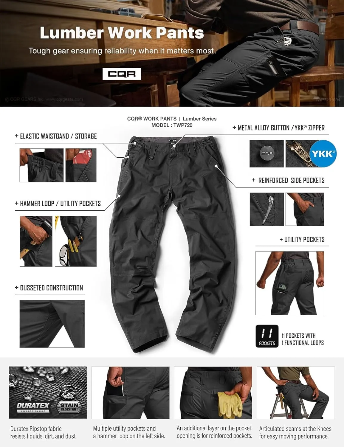 CQR Men's Flex Ripstop Work Pants, Water Resistant Tactical Pants, Outdoor Utility Operator EDC Cargo Pants