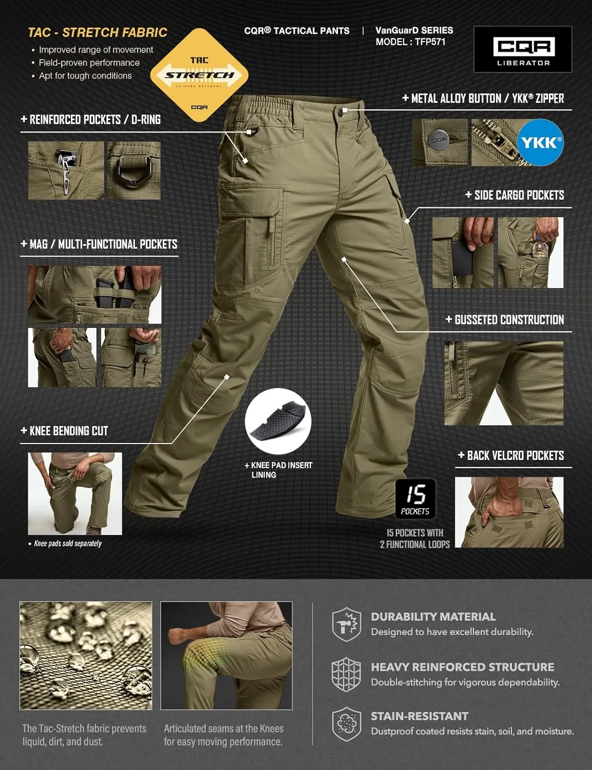 CQR Men's Flex Stretch Tactical Pants, Water Resistant Ripstop Cargo Pants, Lightweight EDC Outdoor Work Hiking Pants