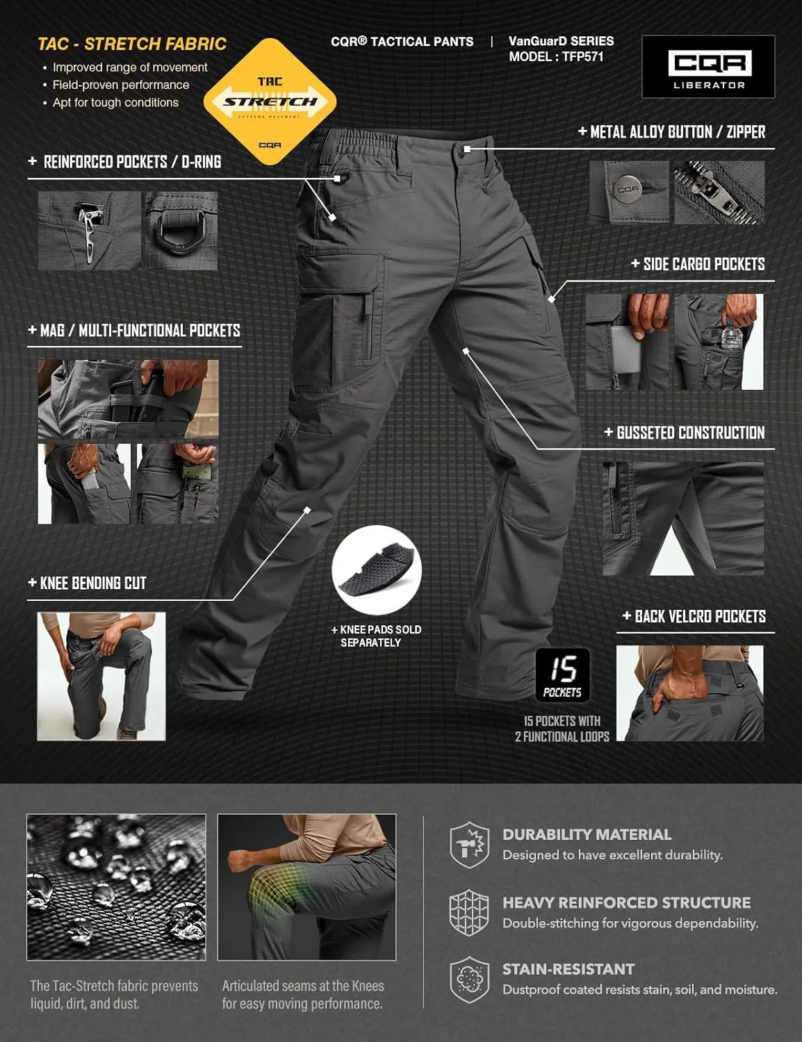 CQR Men's Flex Stretch Tactical Pants, Water Resistant Ripstop Cargo Pants, Lightweight EDC Outdoor Work Hiking Pants