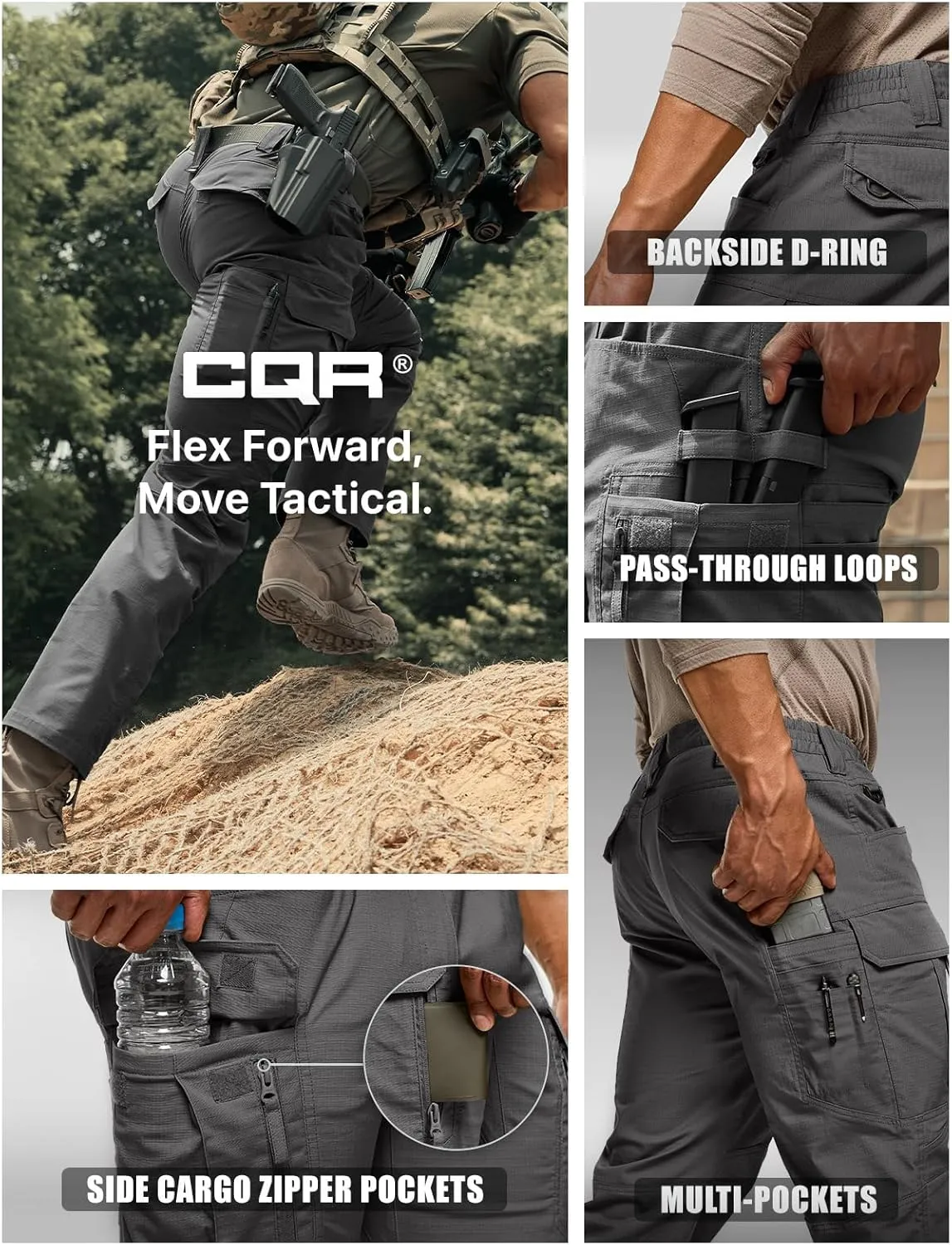 CQR Men's Flex Stretch Tactical Pants, Water Resistant Ripstop Cargo Pants, Lightweight EDC Outdoor Work Hiking Pants