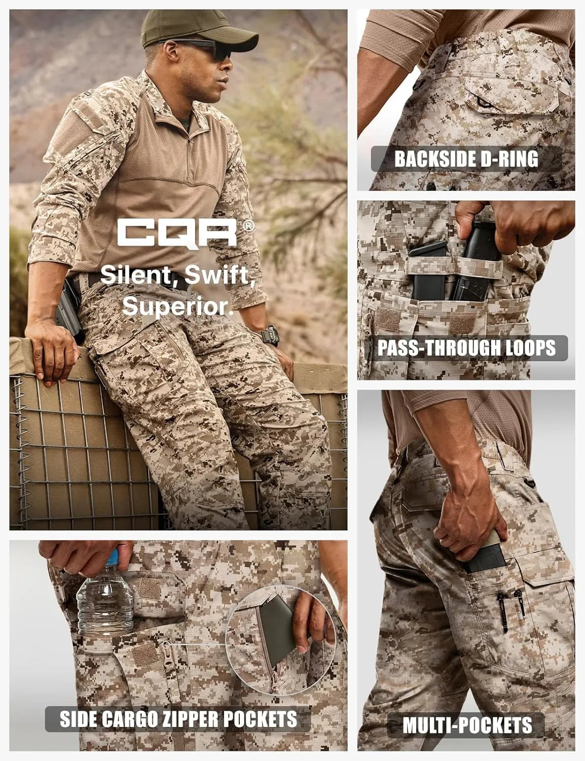 CQR Men's Flex Stretch Tactical Pants, Water Resistant Ripstop Cargo Pants, Lightweight EDC Outdoor Work Hiking Pants