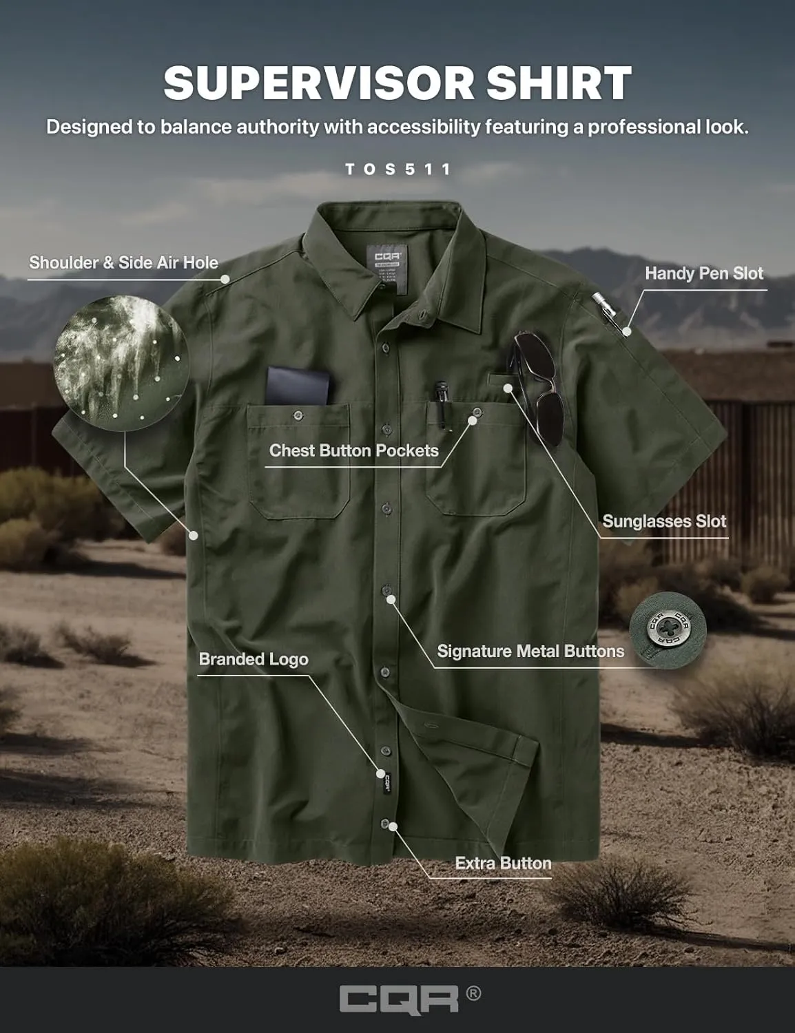 CQR Men's Short Sleeve Tactical Shirts, UPF 50  Ripstop Military Work Shirts, Breathable Button Down Outdoor Hiking Shirt