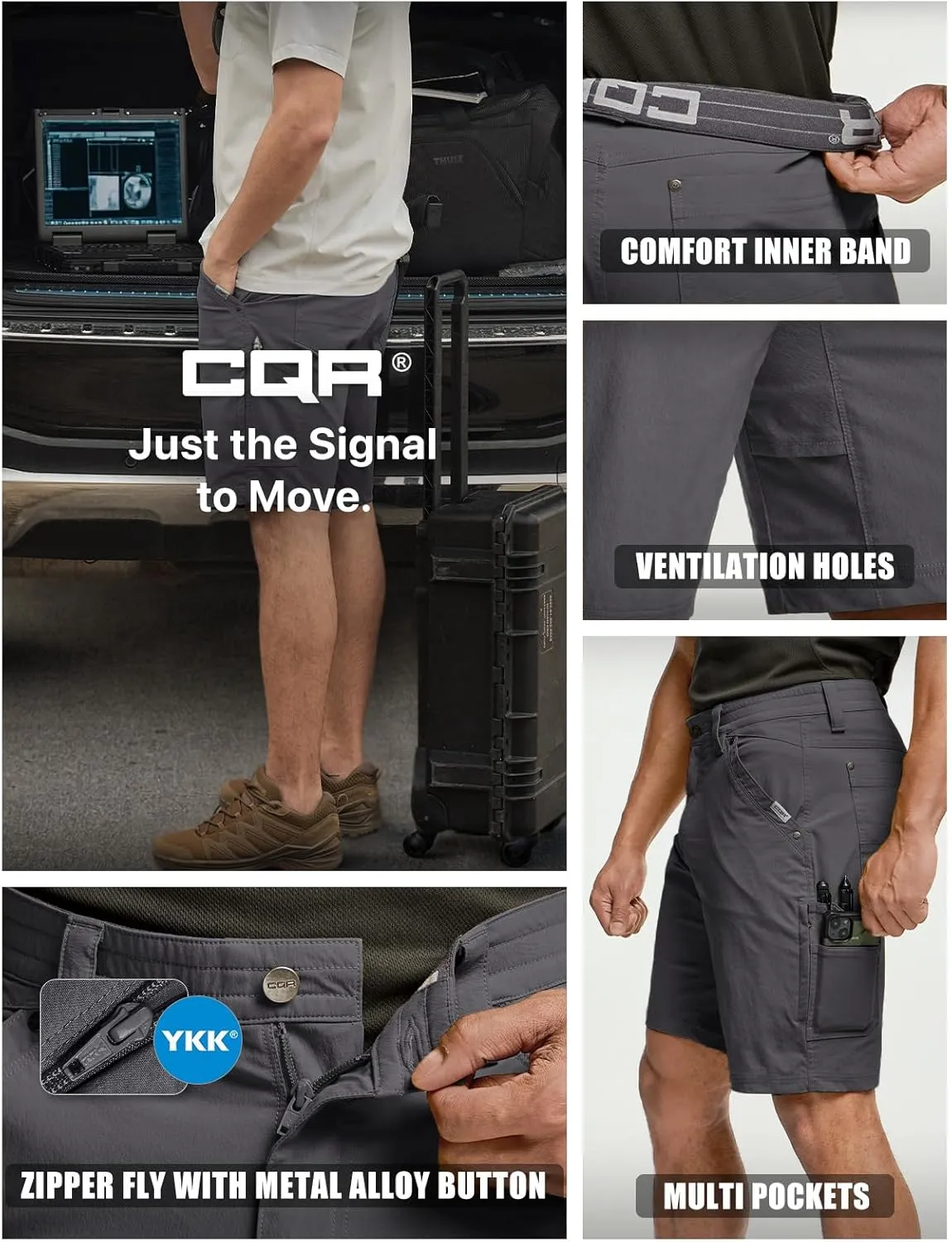 CQR Men's Stretch Utility Shorts, Lightweight Quick Dry Casual Shorts, Hiking Golf Cargo Shorts with Zipper Pockets