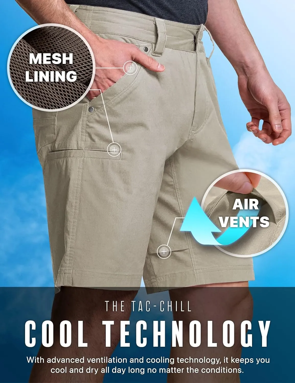 CQR Men's Stretch Utility Shorts, Lightweight Quick Dry Casual Shorts, Hiking Golf Cargo Shorts with Zipper Pockets