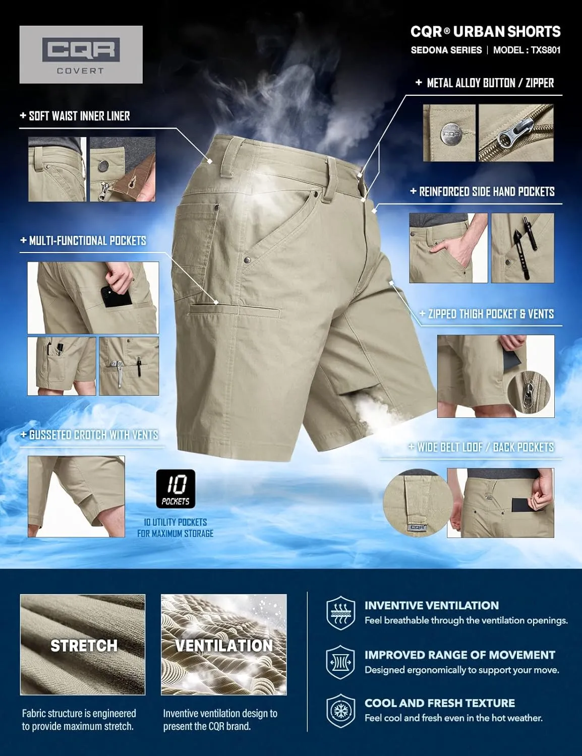 CQR Men's Stretch Utility Shorts, Lightweight Quick Dry Casual Shorts, Hiking Golf Cargo Shorts with Zipper Pockets