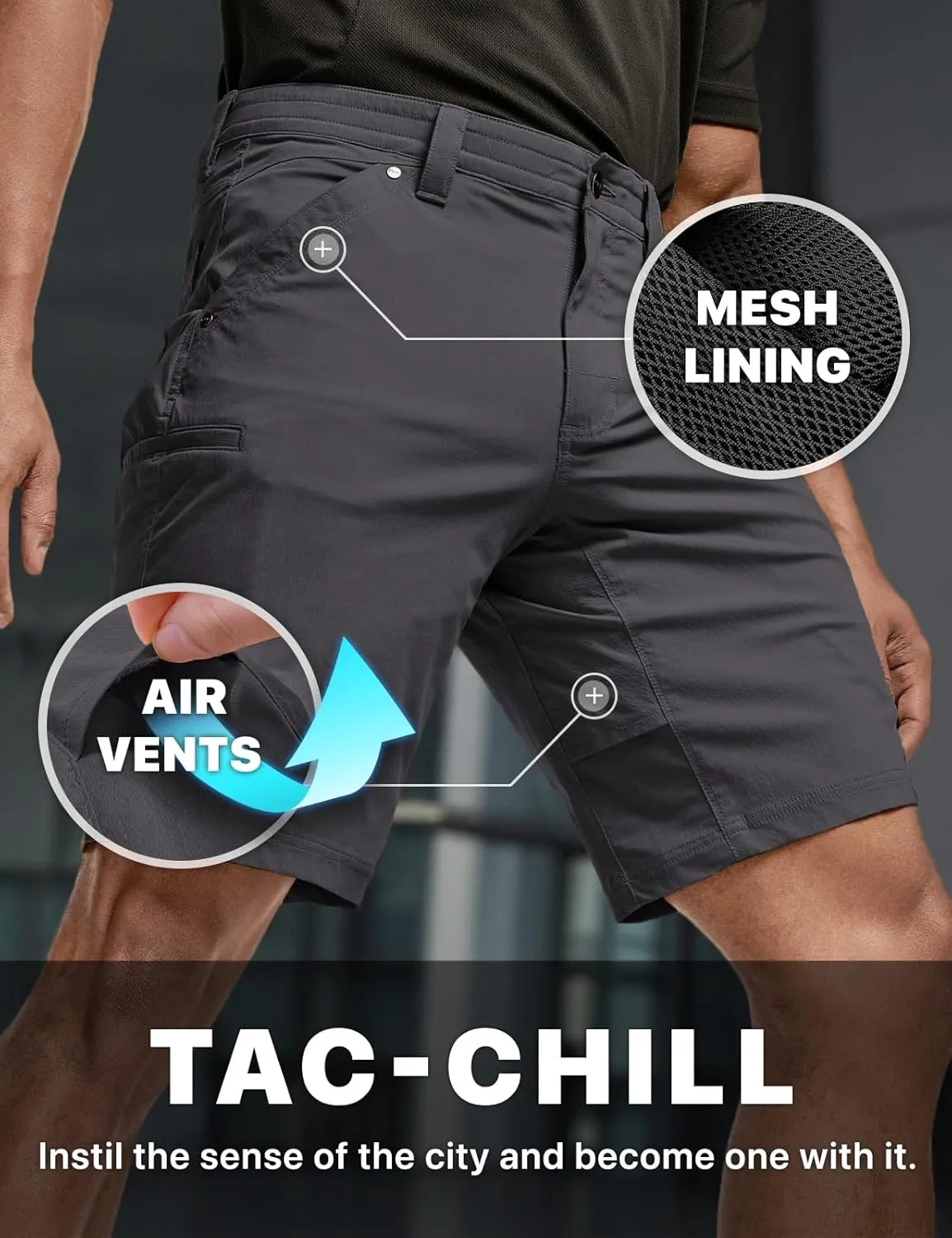 CQR Men's Stretch Utility Shorts, Lightweight Quick Dry Casual Shorts, Hiking Golf Cargo Shorts with Zipper Pockets
