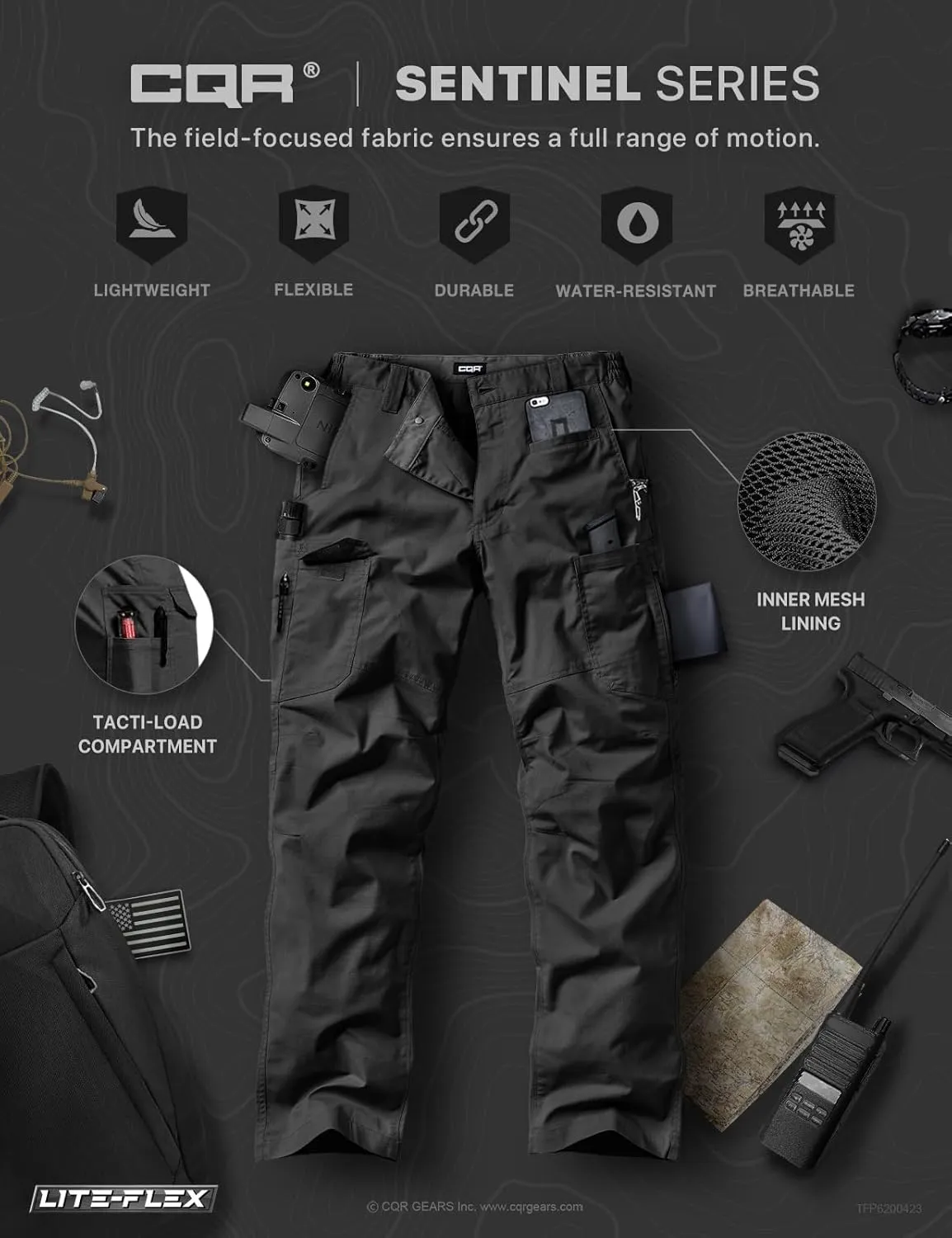 CQR Men's Utility Flex Cargo Pants, Classic-Fit Casual Stretch Work Pants, Water Resistant Lightweight Tactical Hiking Pants