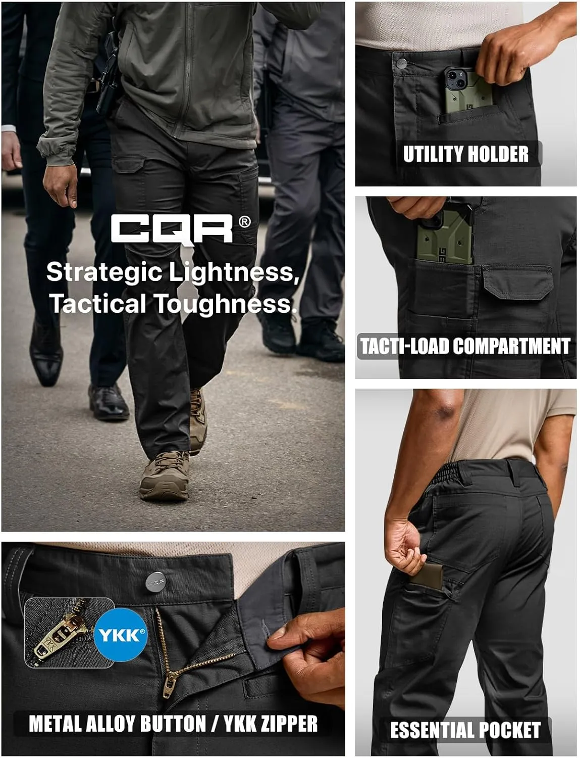 CQR Men's Utility Flex Cargo Pants, Classic-Fit Casual Stretch Work Pants, Water Resistant Lightweight Tactical Hiking Pants