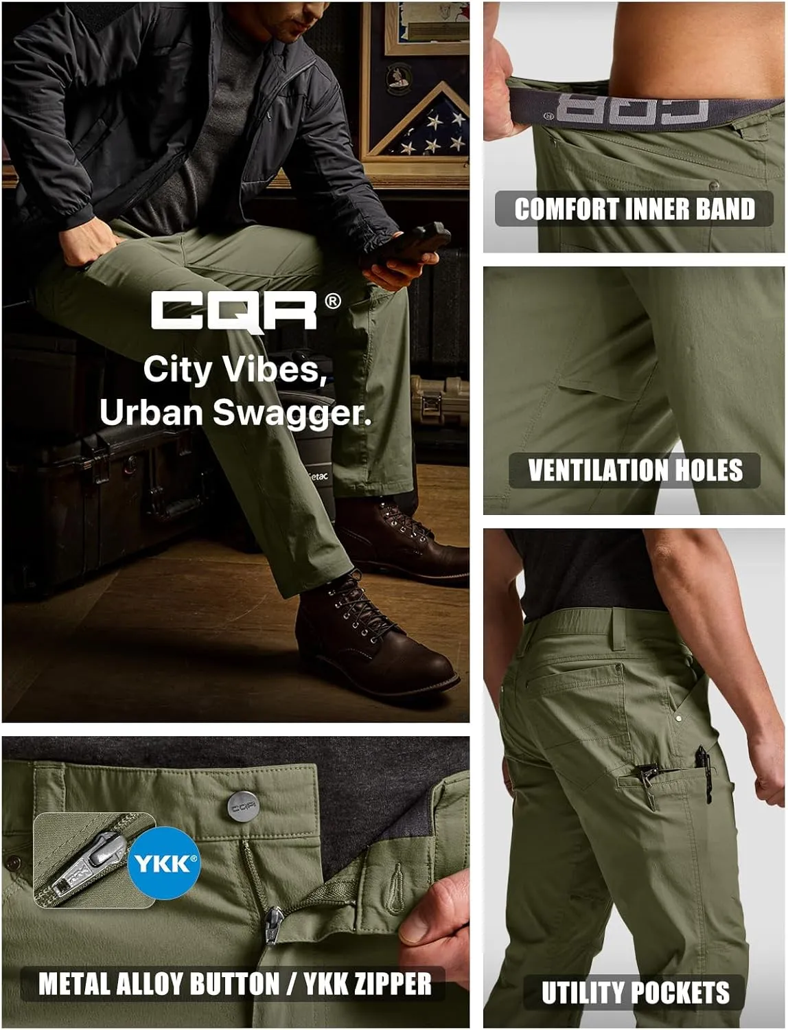 CQR Men's Vent Stretch Pants, Quick Dry Lightweight Casual Cargo Pants, Water Resistant Straight-Fit Utility Work Pants