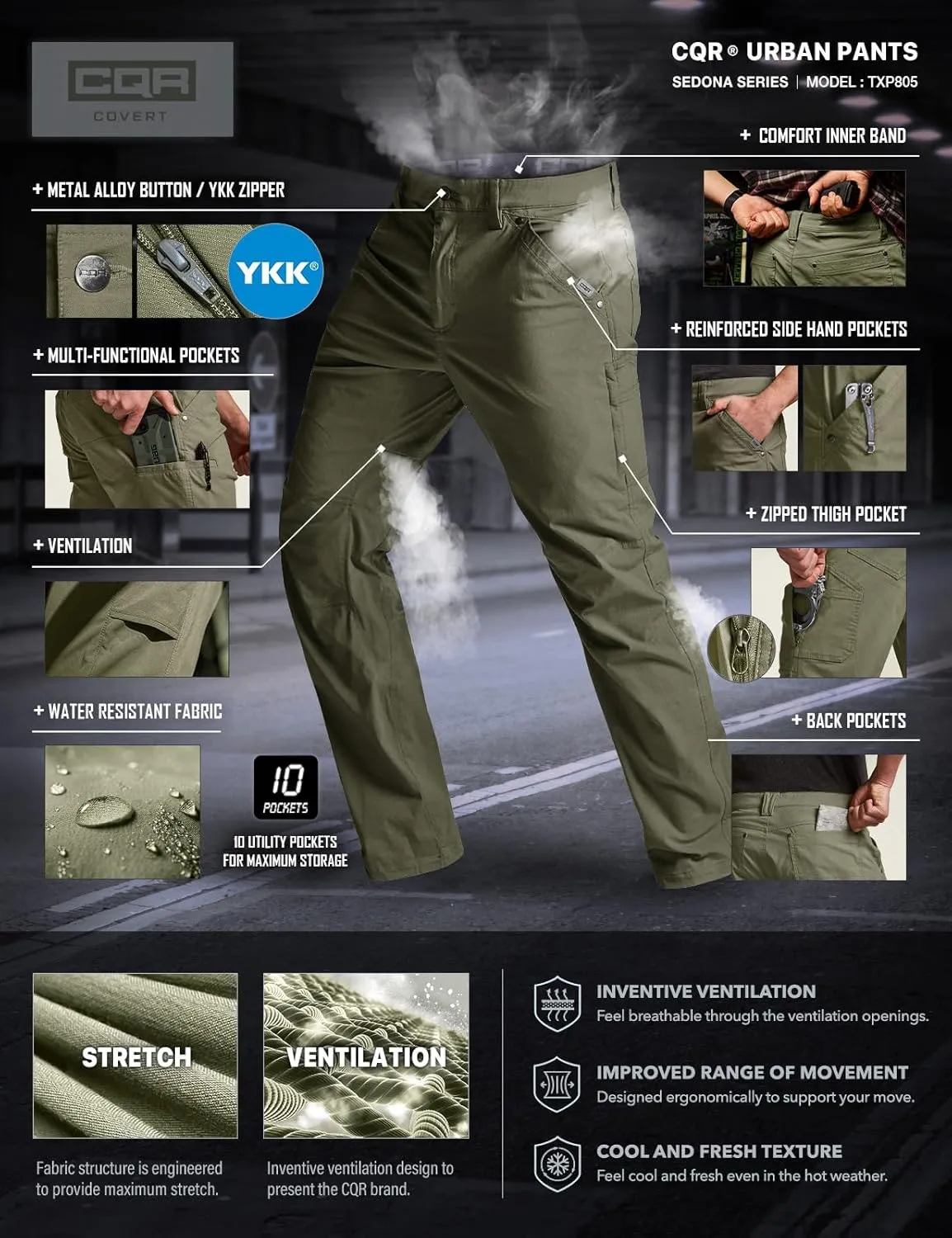CQR Men's Vent Stretch Pants, Quick Dry Lightweight Casual Cargo Pants, Water Resistant Straight-Fit Utility Work Pants