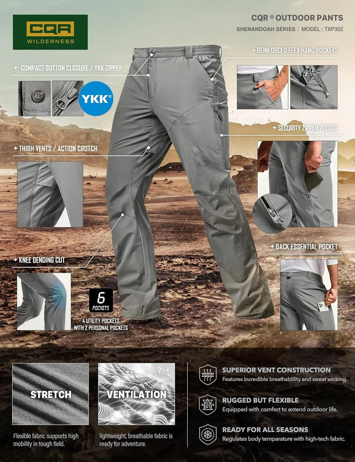 CQR Men's Vent Stretch Pants, Quick Dry Lightweight Casual Cargo Pants, Water Resistant Straight-Fit Utility Work Pants