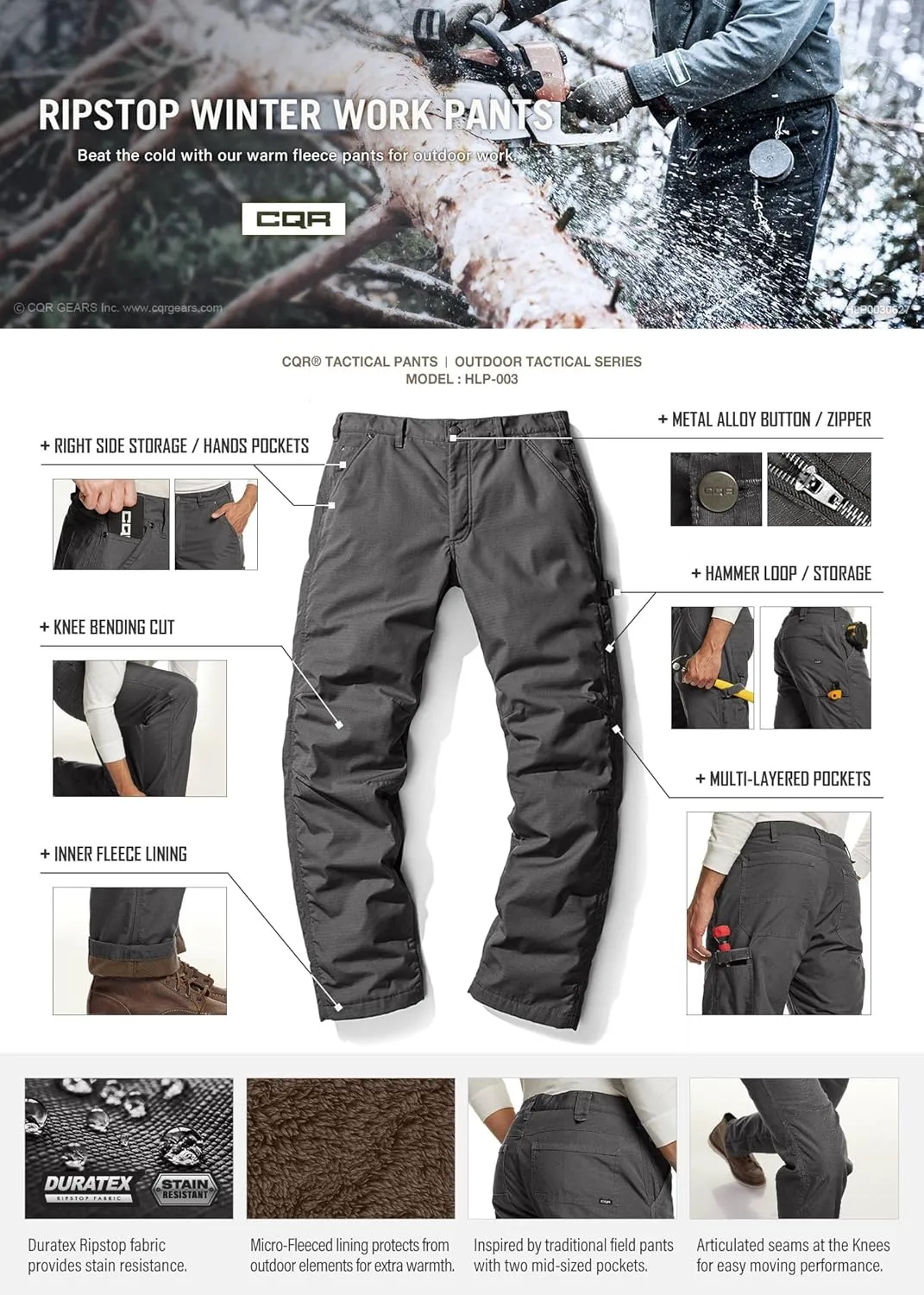 CQR Men's Winter Fleece Lined Pants, Water-Resistant Outdoor Stretch Work Pants, Windproof Casual Pants with Pockets