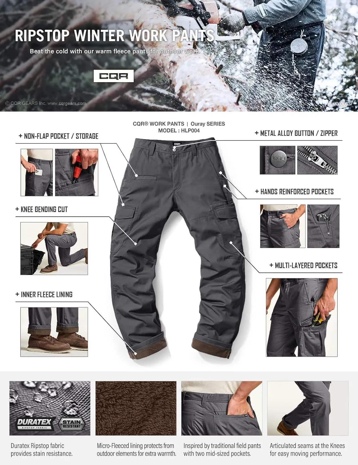 CQR Men's Winter Tactical Cargo Pants, Thermal Fleece Lined Outdoor Snow Ski Hiking Work