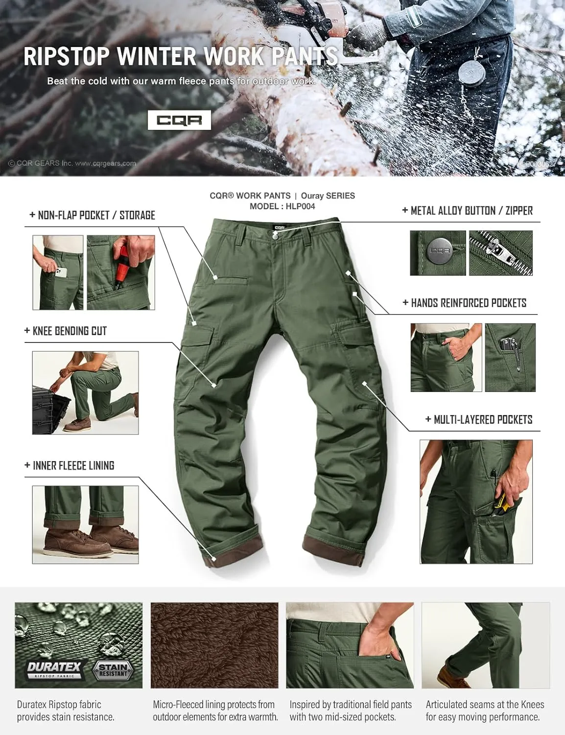 CQR Men's Winter Tactical Cargo Pants, Thermal Fleece Lined Outdoor Snow Ski Hiking Work