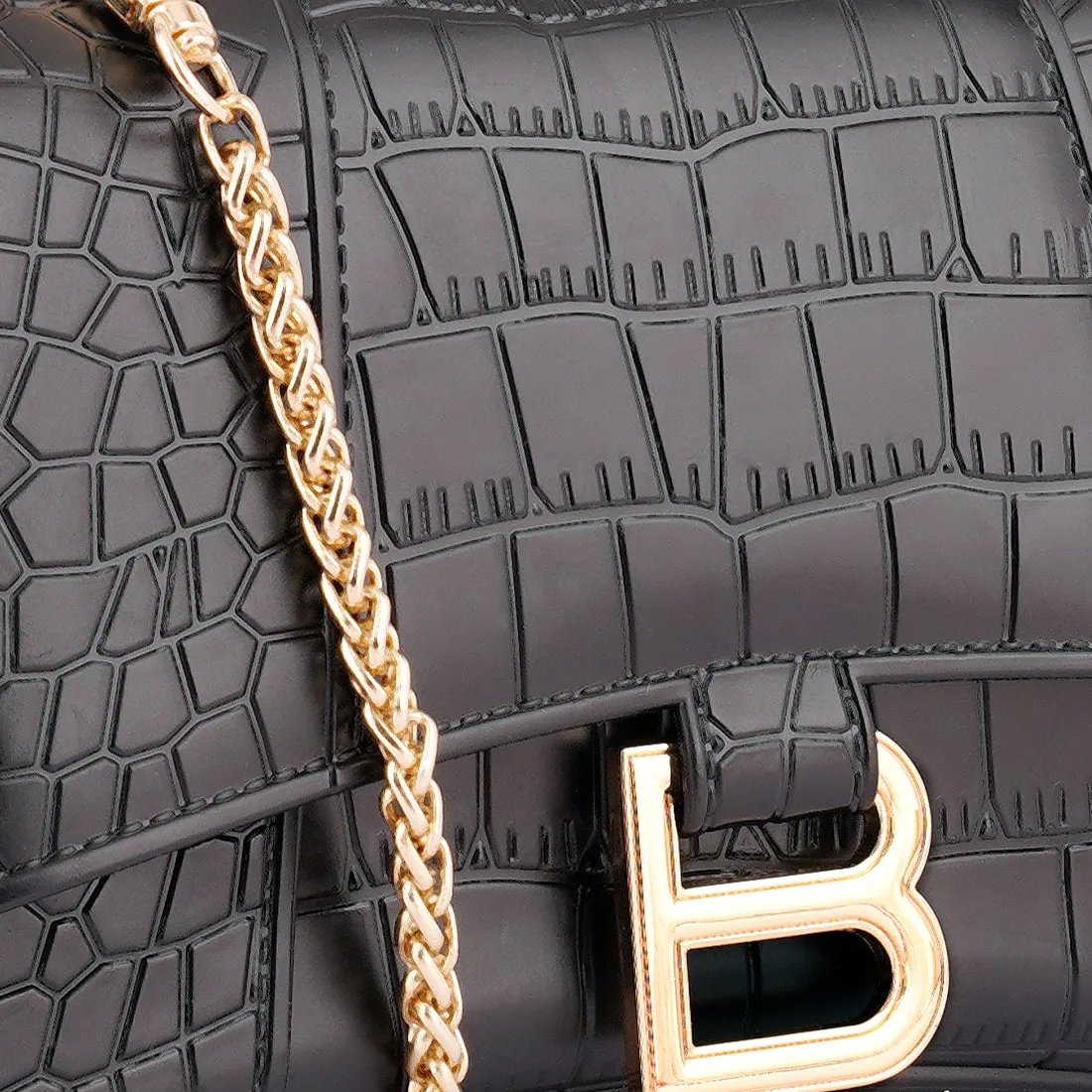 Croc Textured Mini Handbag in Black