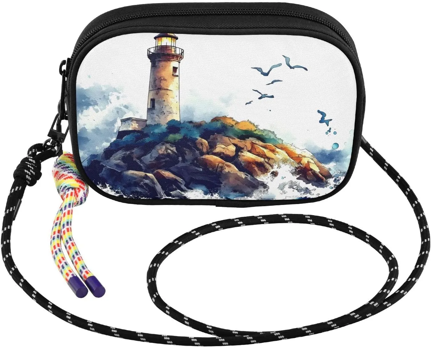 Crossbody Bags for Women Lighthouse Rock Waves Cell Phone Purses Women's Shoulder Handbag Wallet Purse with Rope Pendant