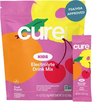 Cure Hydration - Kids Electrolyte Drink Mix | Plant-Based Pediatrician Formulated Rehydration | No Added Sugar, Non-GMO, Gluten-Free, No Artificial Flavors, FSA & HSA | 14 Packets - Fruit Punch