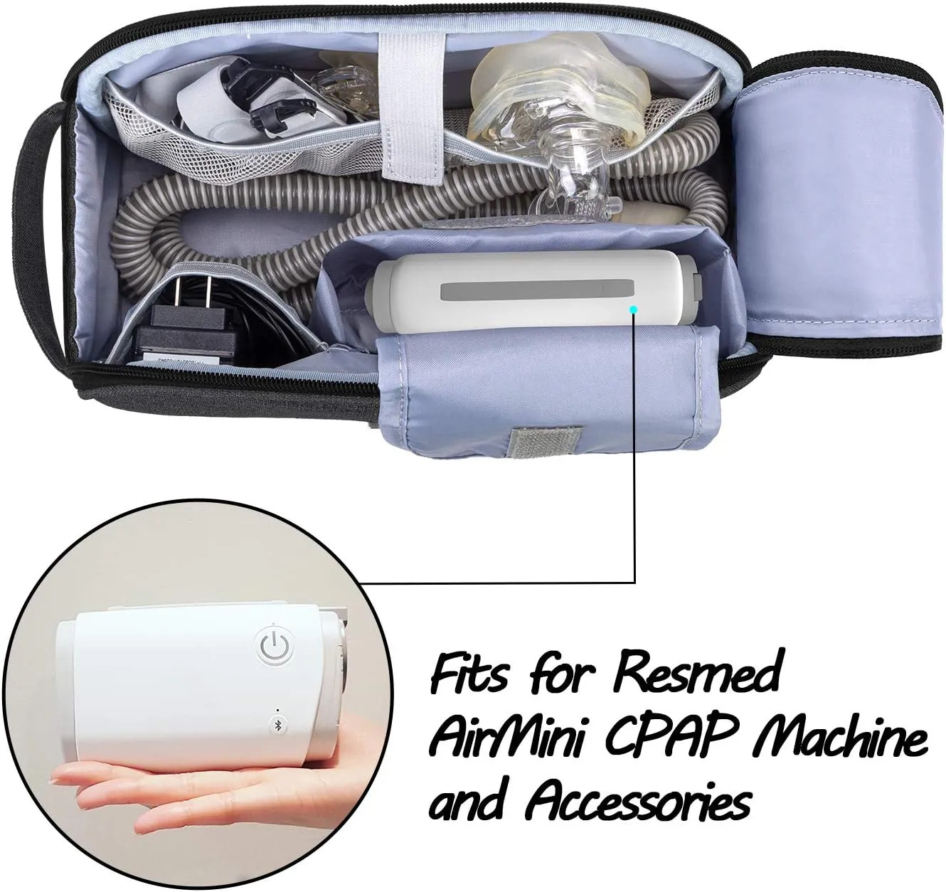 CURMIO Travel Carrying Bag Compatible for ResMed AirMini CPAP Machine and Accessories, Small Travel CPAP Equipment and Supplies Organizer Case, Bag Only