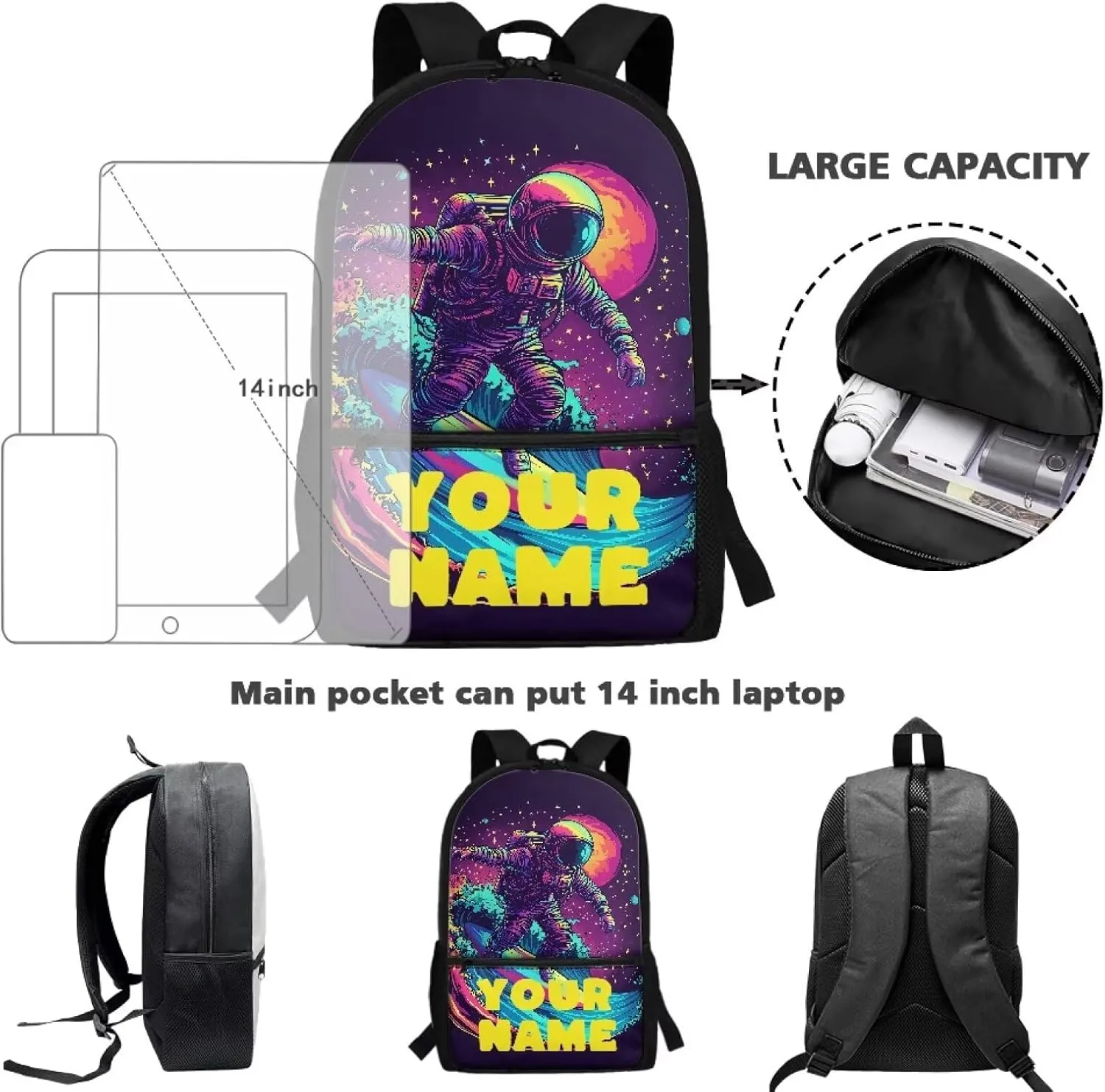 Custom Backpack for Boy, Cool Astronaut Personalized Name Image Laptop Backpack for Men Women, Custom 17In Casual Travel Backpack
