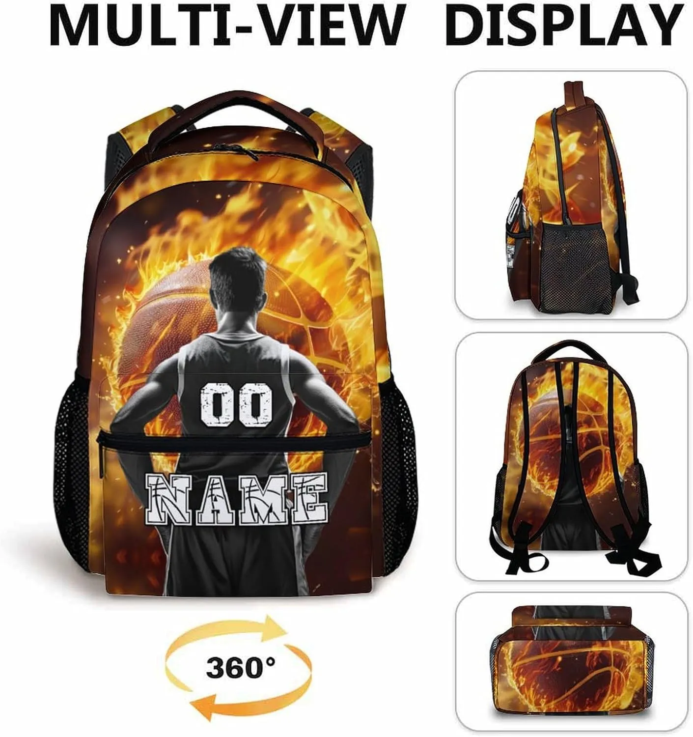 Custom Boys School Backpack, 17" Cool Basketball Backpacks for Preschool Middle School, Schoolbag Gifts for Kids Teens, Personalized Large Capacity Sports Bookbag for Travel Vacations Camping