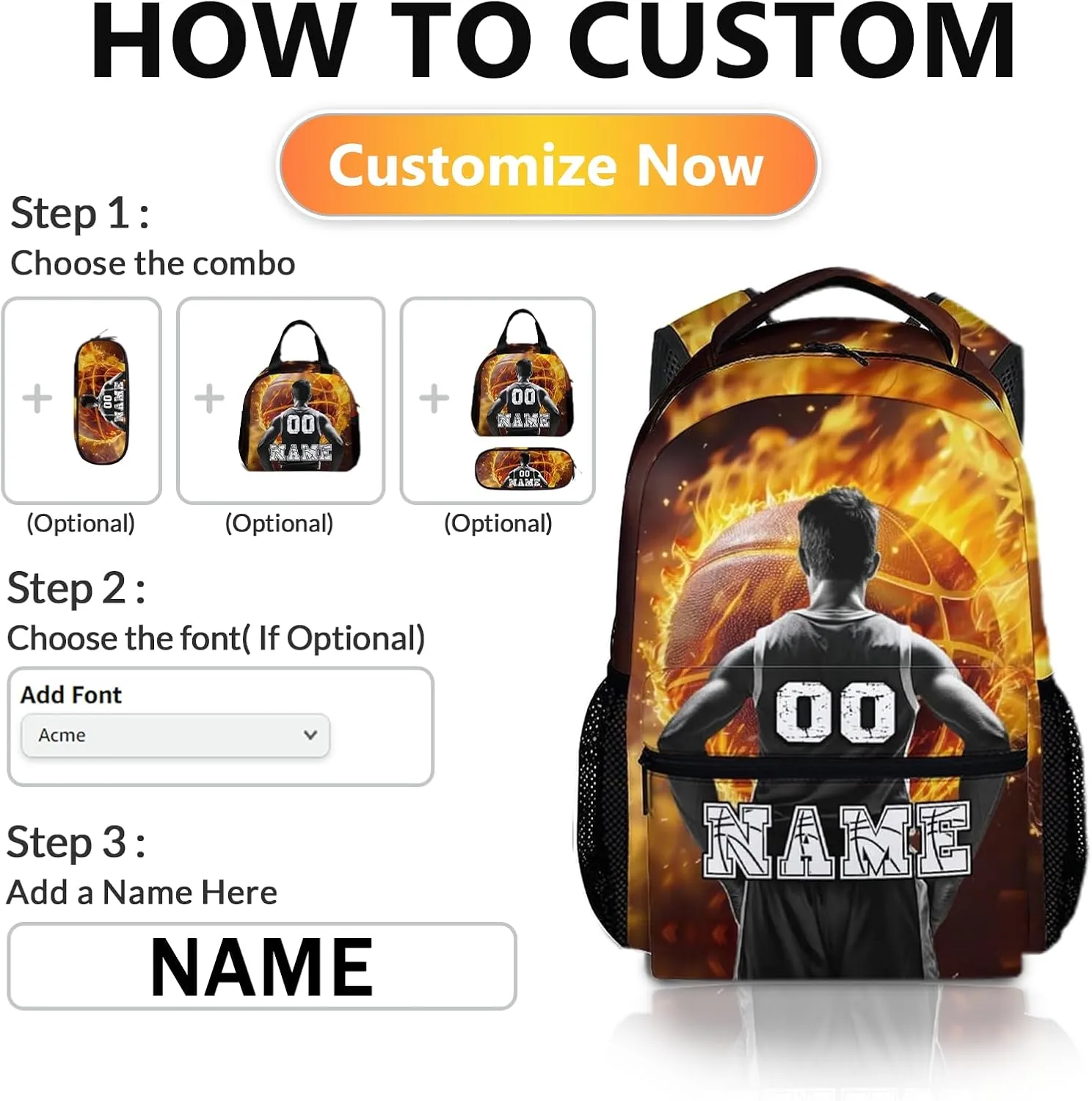 Custom Boys School Backpack, 17" Cool Basketball Backpacks for Preschool Middle School, Schoolbag Gifts for Kids Teens, Personalized Large Capacity Sports Bookbag for Travel Vacations Camping