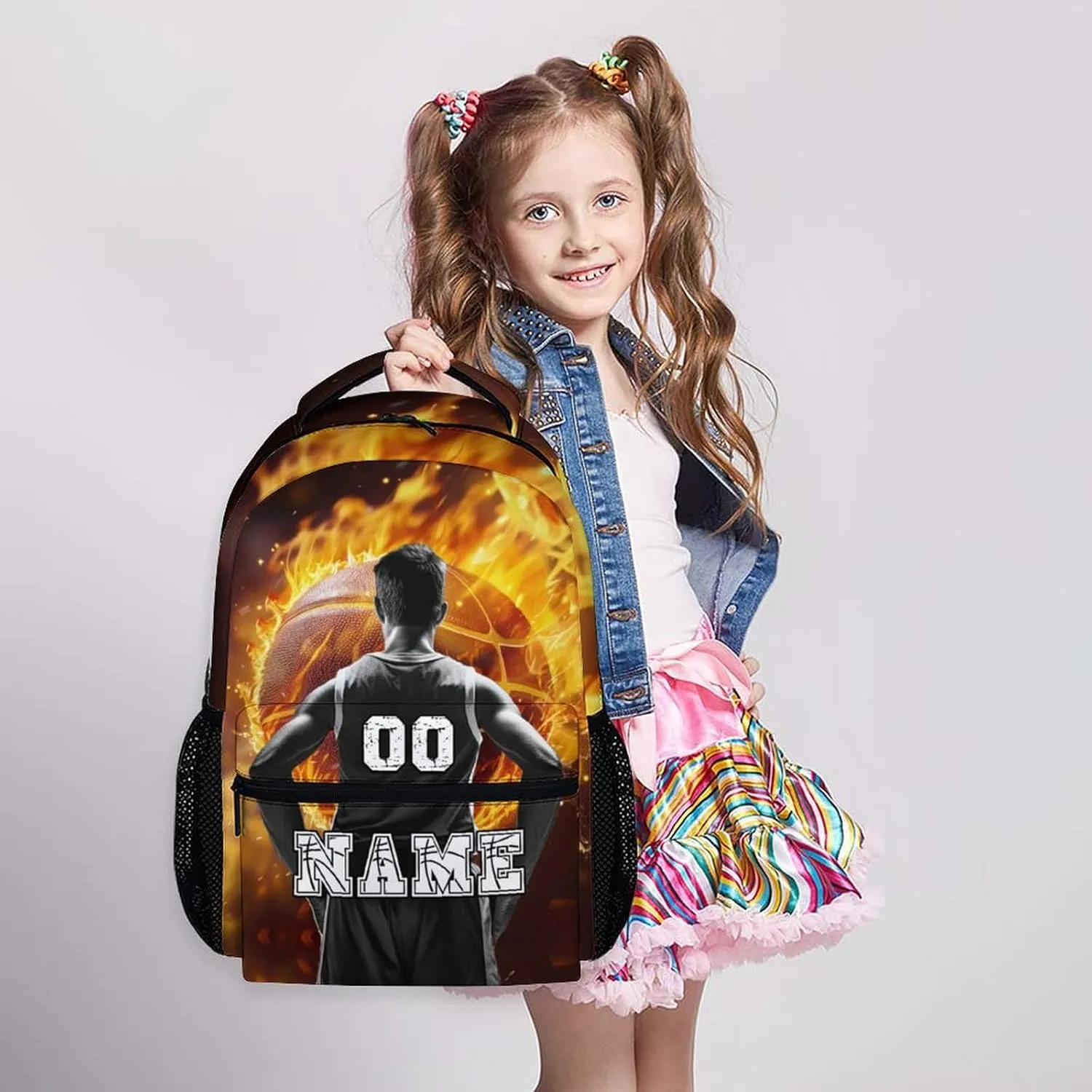 Custom Boys School Backpack, 17" Cool Basketball Backpacks for Preschool Middle School, Schoolbag Gifts for Kids Teens, Personalized Large Capacity Sports Bookbag for Travel Vacations Camping