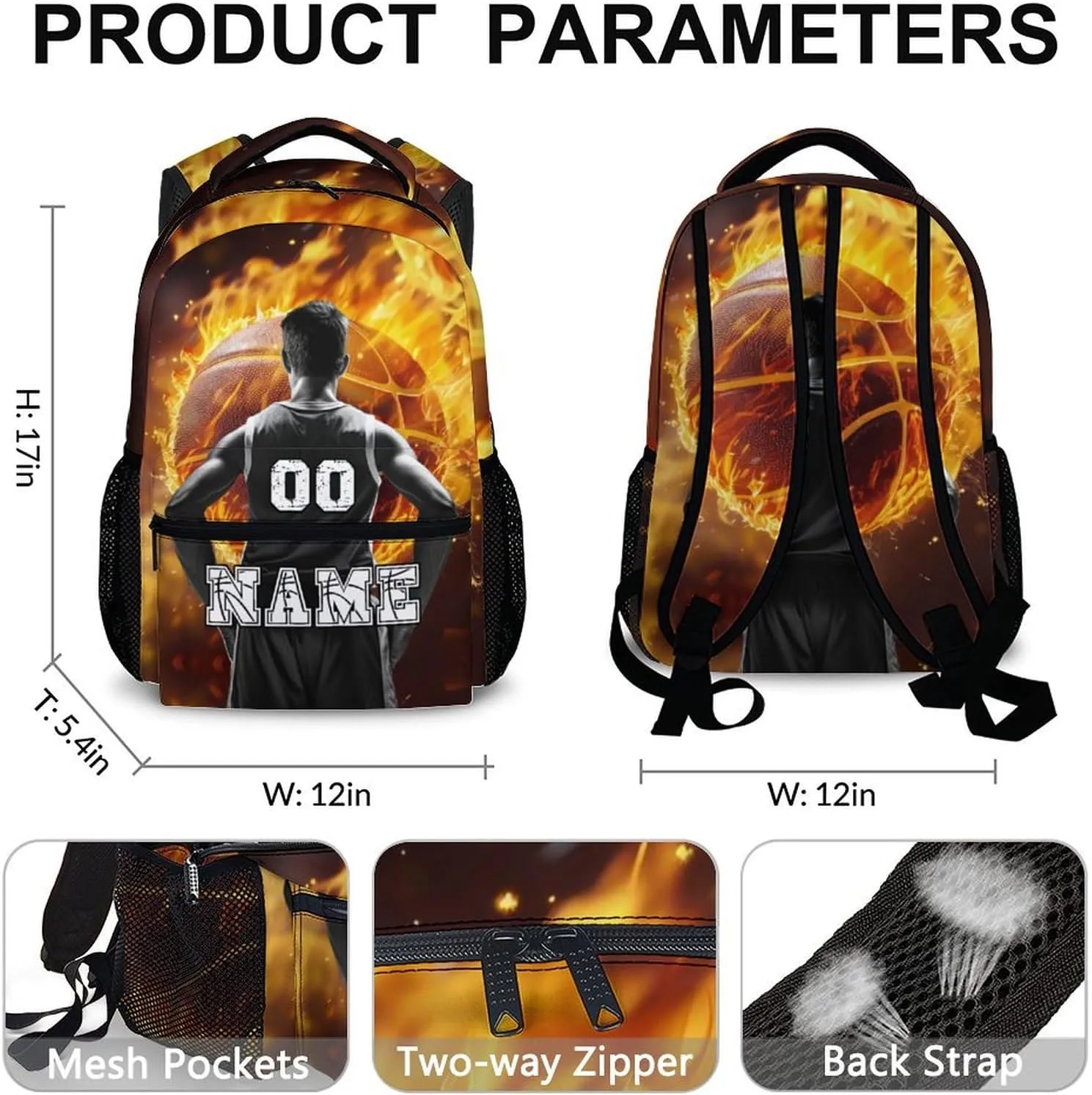 Custom Boys School Backpack, 17" Cool Basketball Backpacks for Preschool Middle School, Schoolbag Gifts for Kids Teens, Personalized Large Capacity Sports Bookbag for Travel Vacations Camping