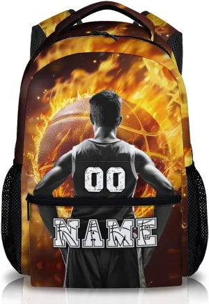 Custom Boys School Backpack, 17" Cool Basketball Backpacks for Preschool Middle School, Schoolbag Gifts for Kids Teens, Personalized Large Capacity Sports Bookbag for Travel Vacations Camping