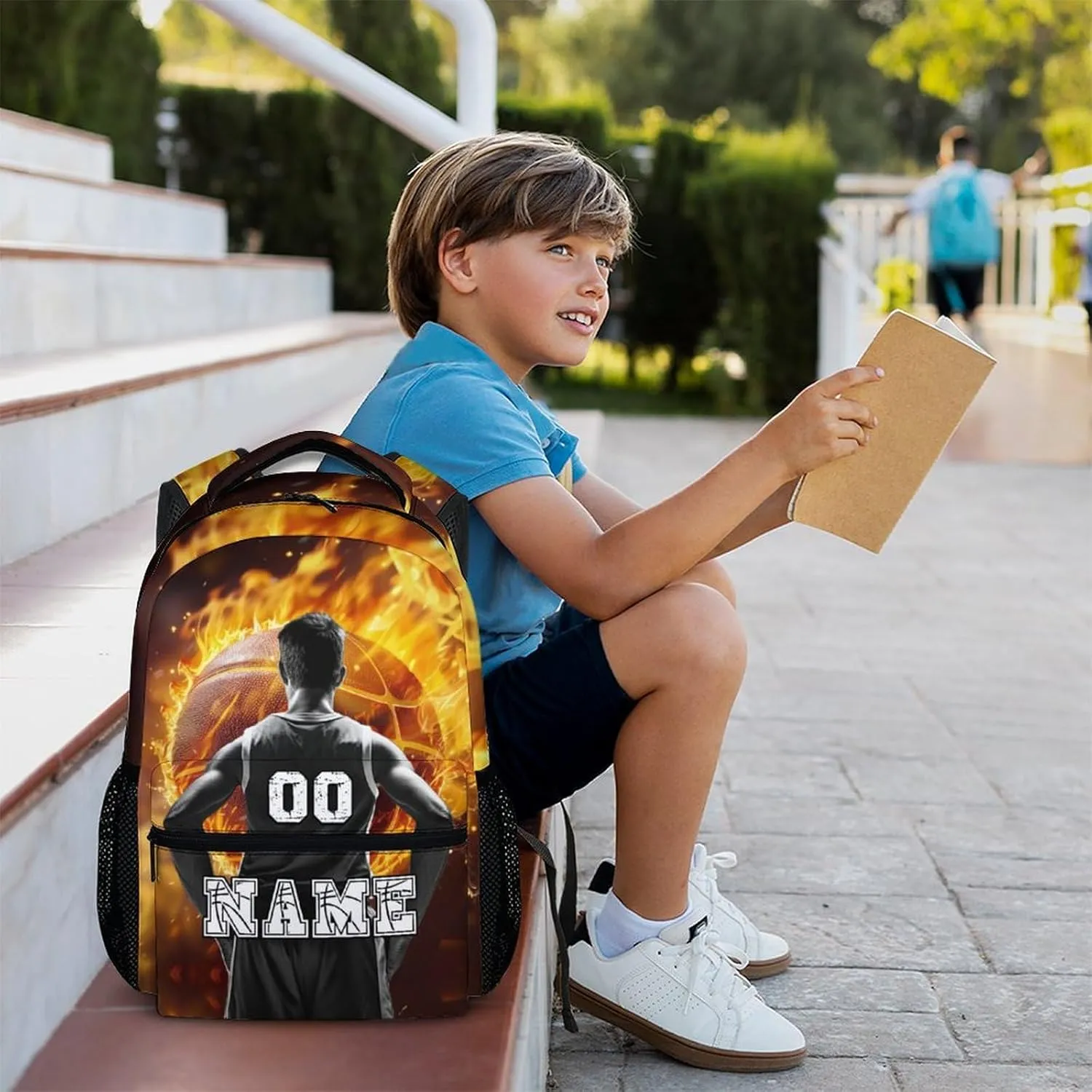 Custom Boys School Backpack, 17" Cool Basketball Backpacks for Preschool Middle School, Schoolbag Gifts for Kids Teens, Personalized Large Capacity Sports Bookbag for Travel Vacations Camping