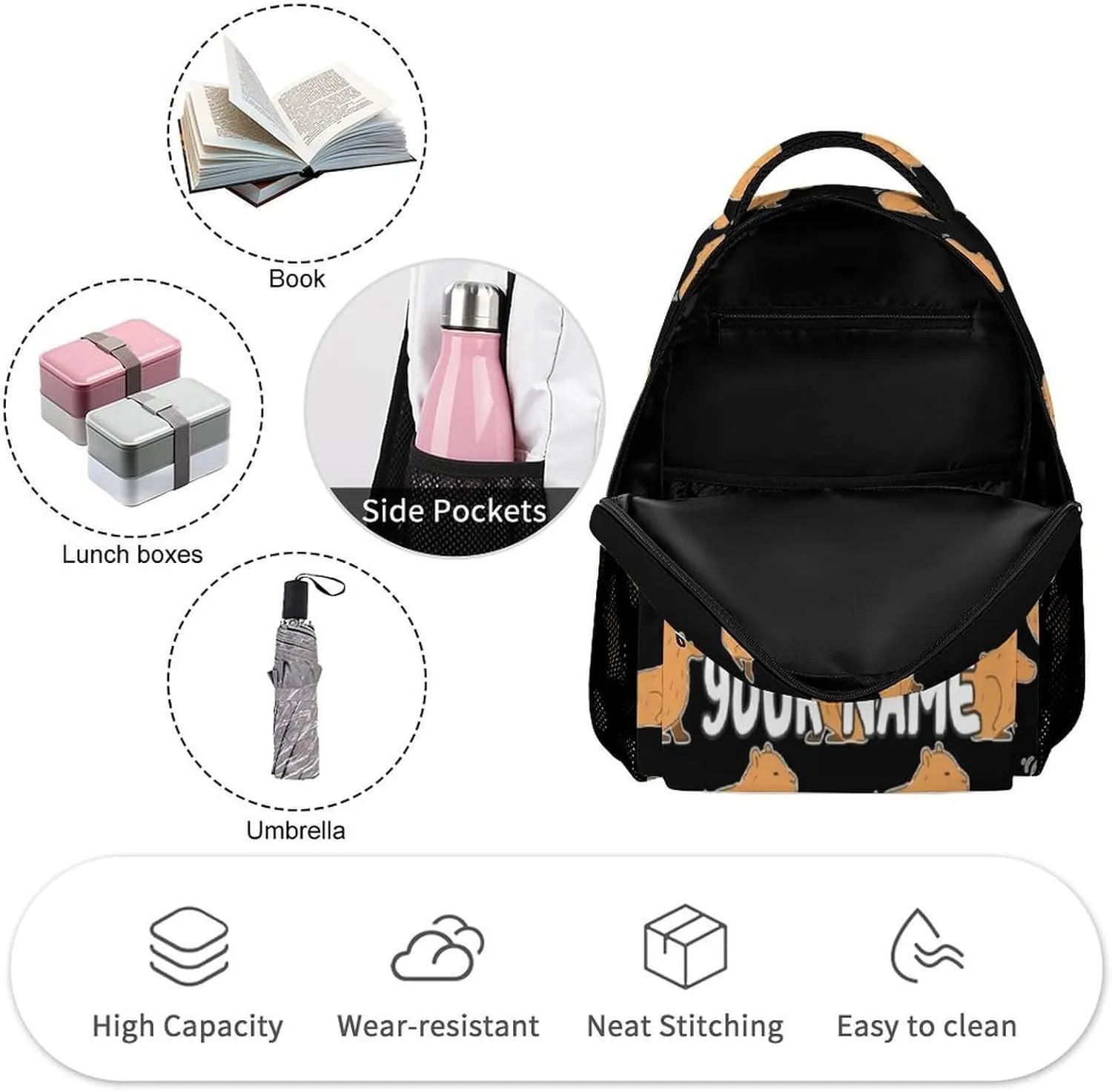 Custom Capybara Backpack for Kids Girls Boys School, 16 Inches Cute Capybara Theme Bookbag, Adjustable, Lightweight, Large Capacity, Colorful Capybara Backpack for School