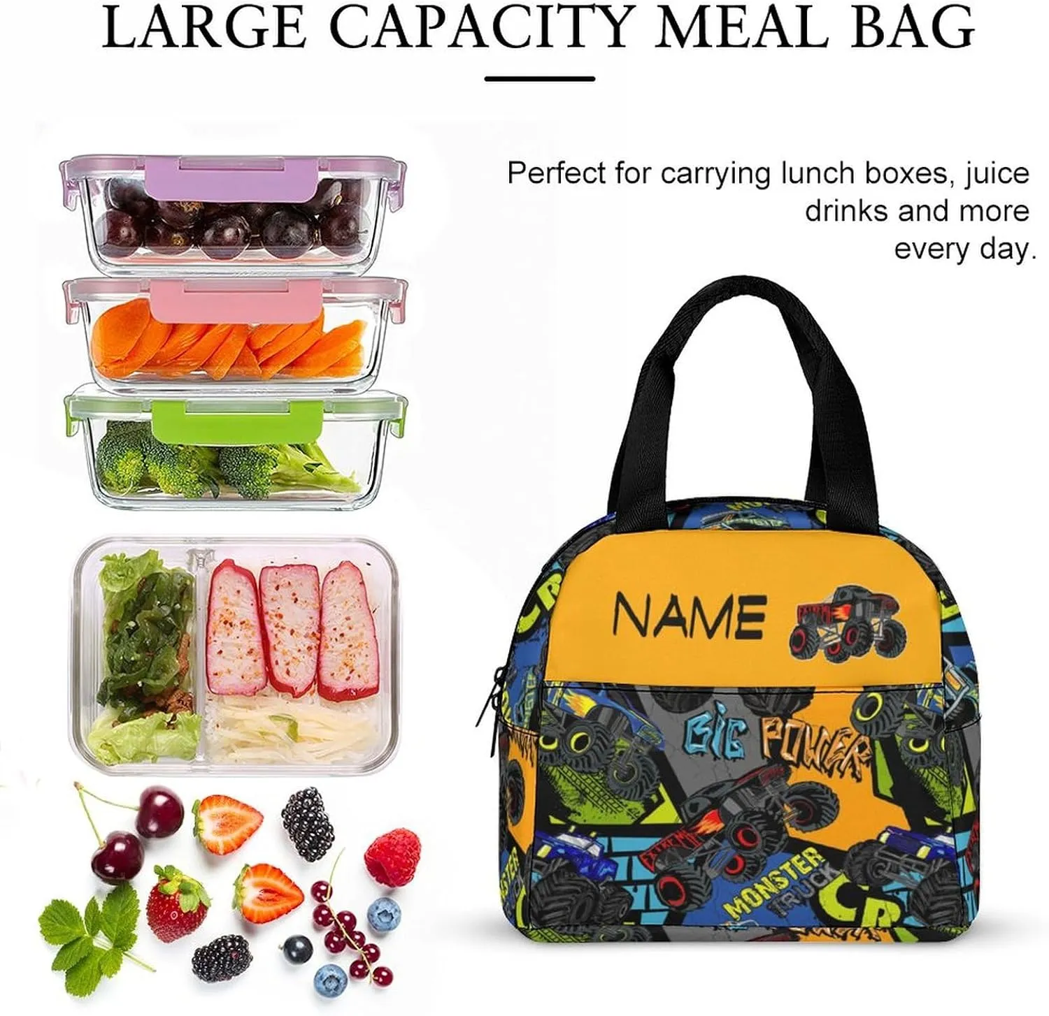 Custom Colorful Car Truck 3 Piece Set Kids Backpack with Lunch Bag Kids Water Bottle Personalized Name School Bag for Girls Boys Customized Bookbag Back to School