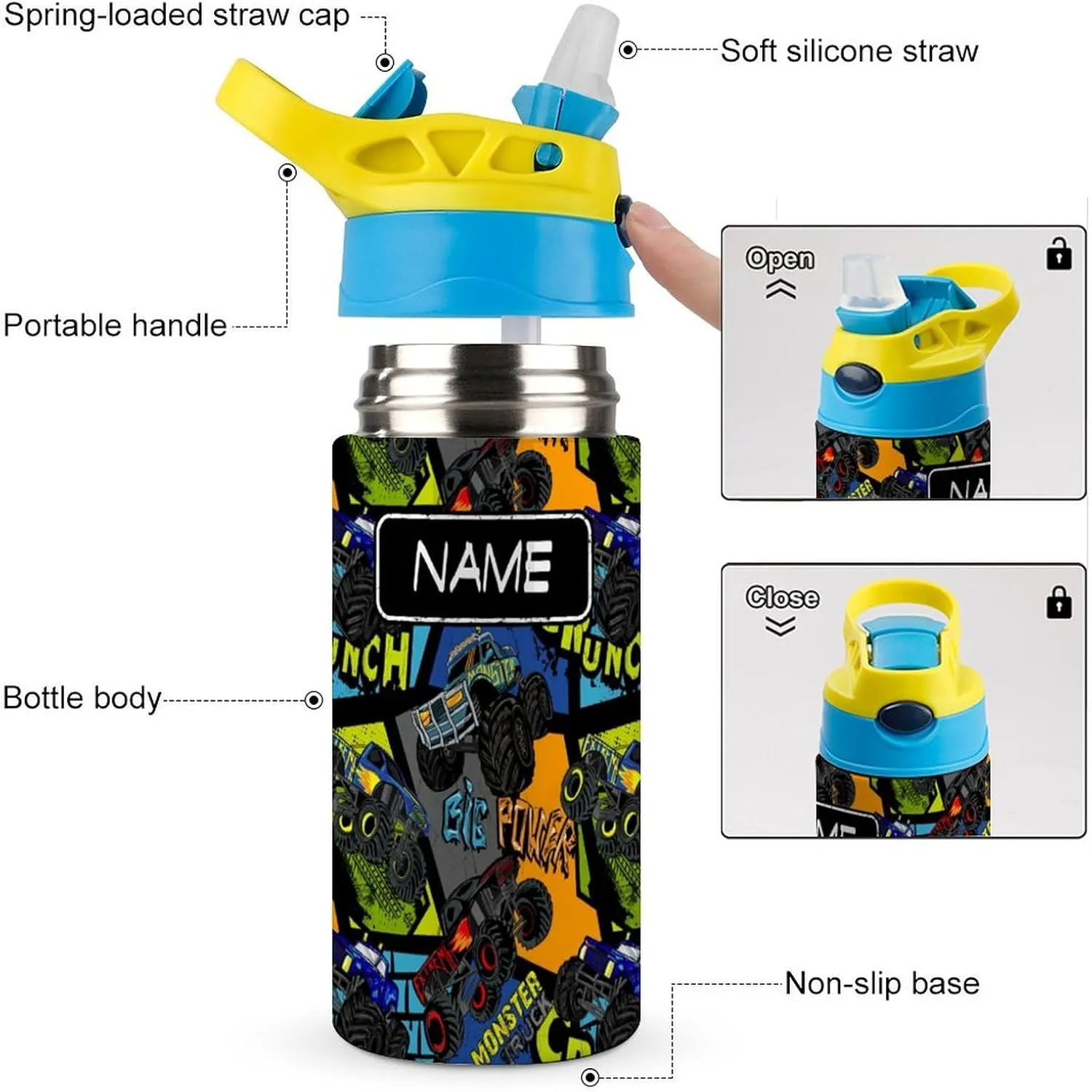 Custom Colorful Car Truck 3 Piece Set Kids Backpack with Lunch Bag Kids Water Bottle Personalized Name School Bag for Girls Boys Customized Bookbag Back to School