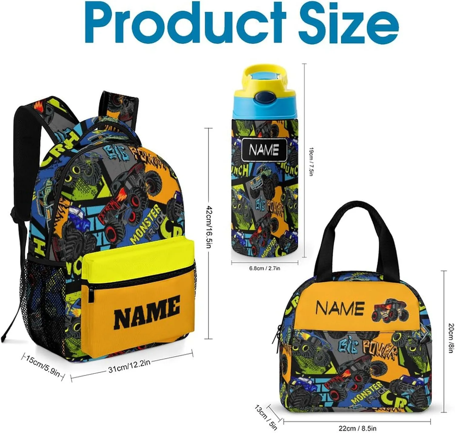 Custom Colorful Car Truck 3 Piece Set Kids Backpack with Lunch Bag Kids Water Bottle Personalized Name School Bag for Girls Boys Customized Bookbag Back to School