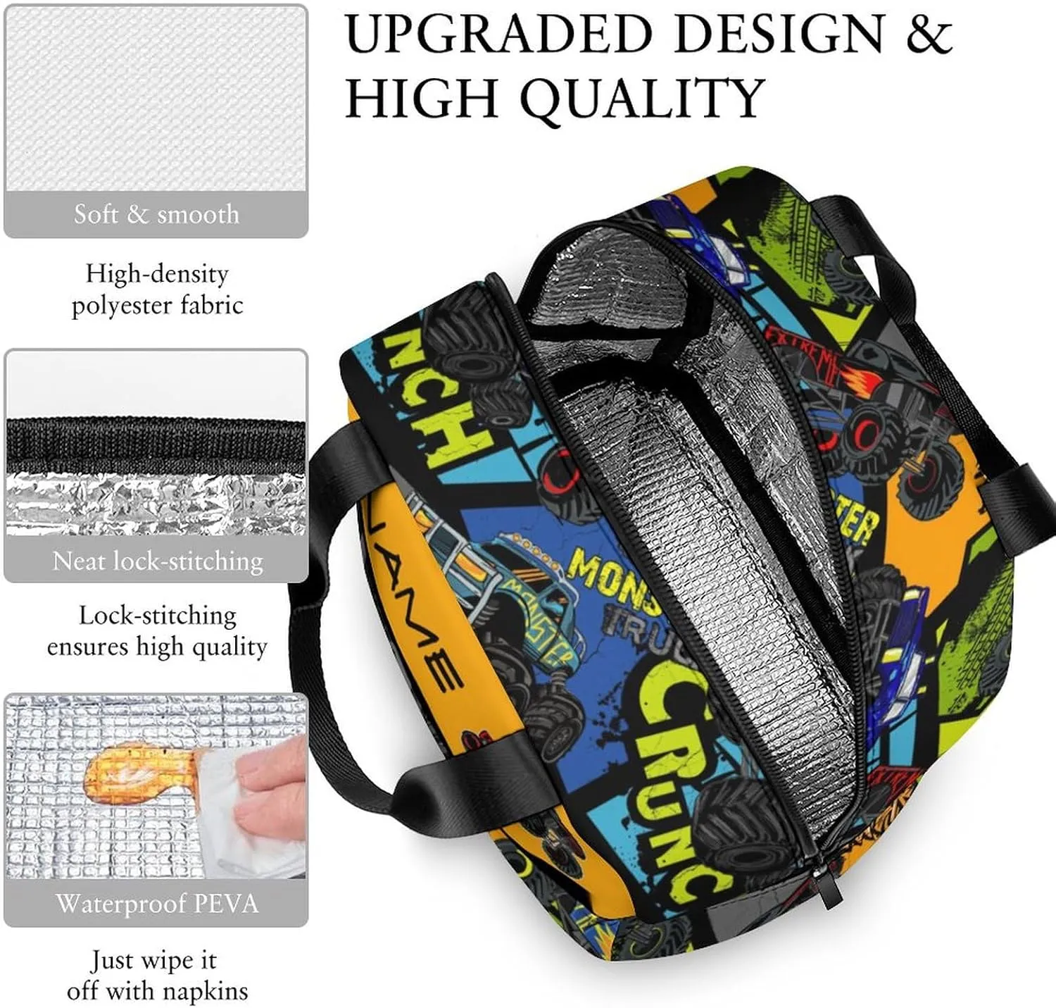 Custom Colorful Car Truck 3 Piece Set Kids Backpack with Lunch Bag Kids Water Bottle Personalized Name School Bag for Girls Boys Customized Bookbag Back to School